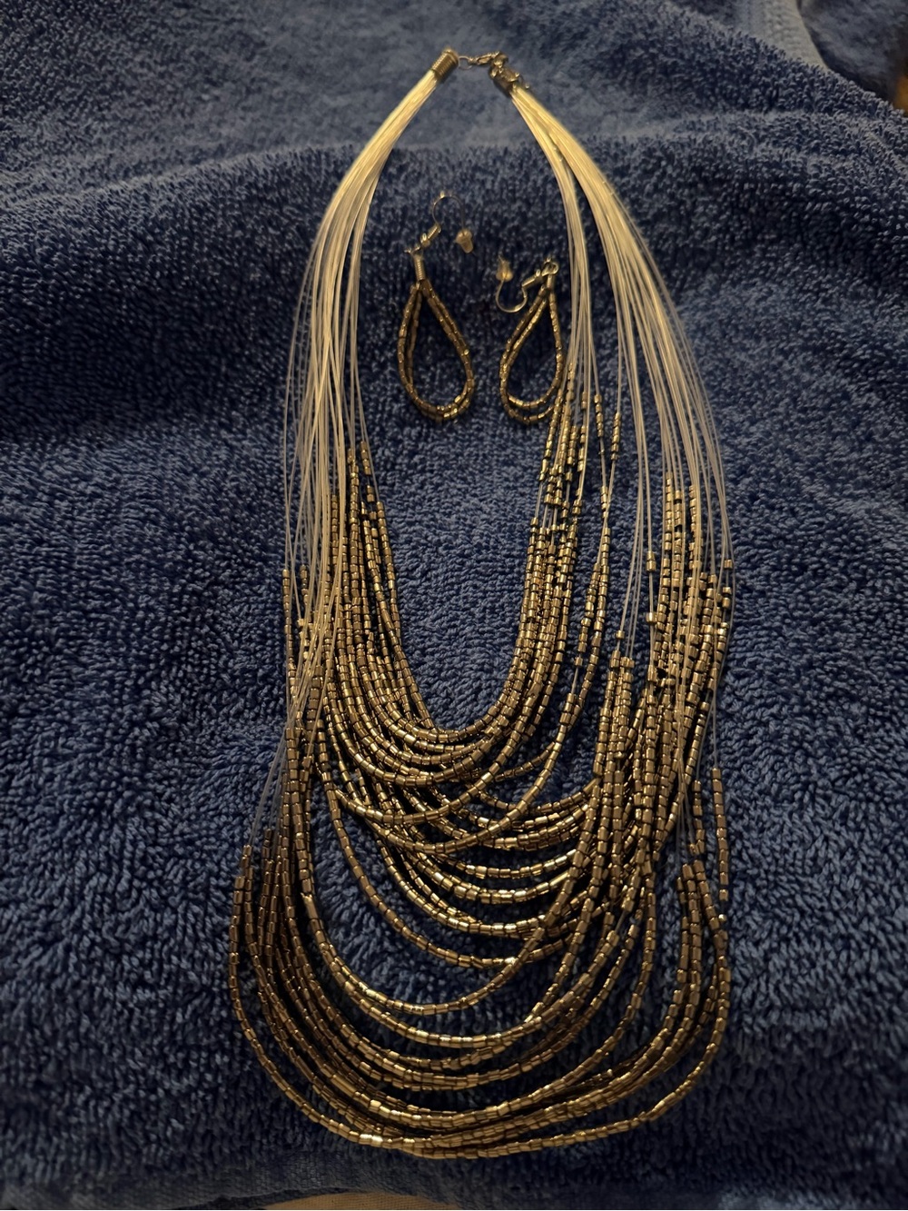 Multi-Strand Metallic Black Beaded Necklace with Matching Earrings